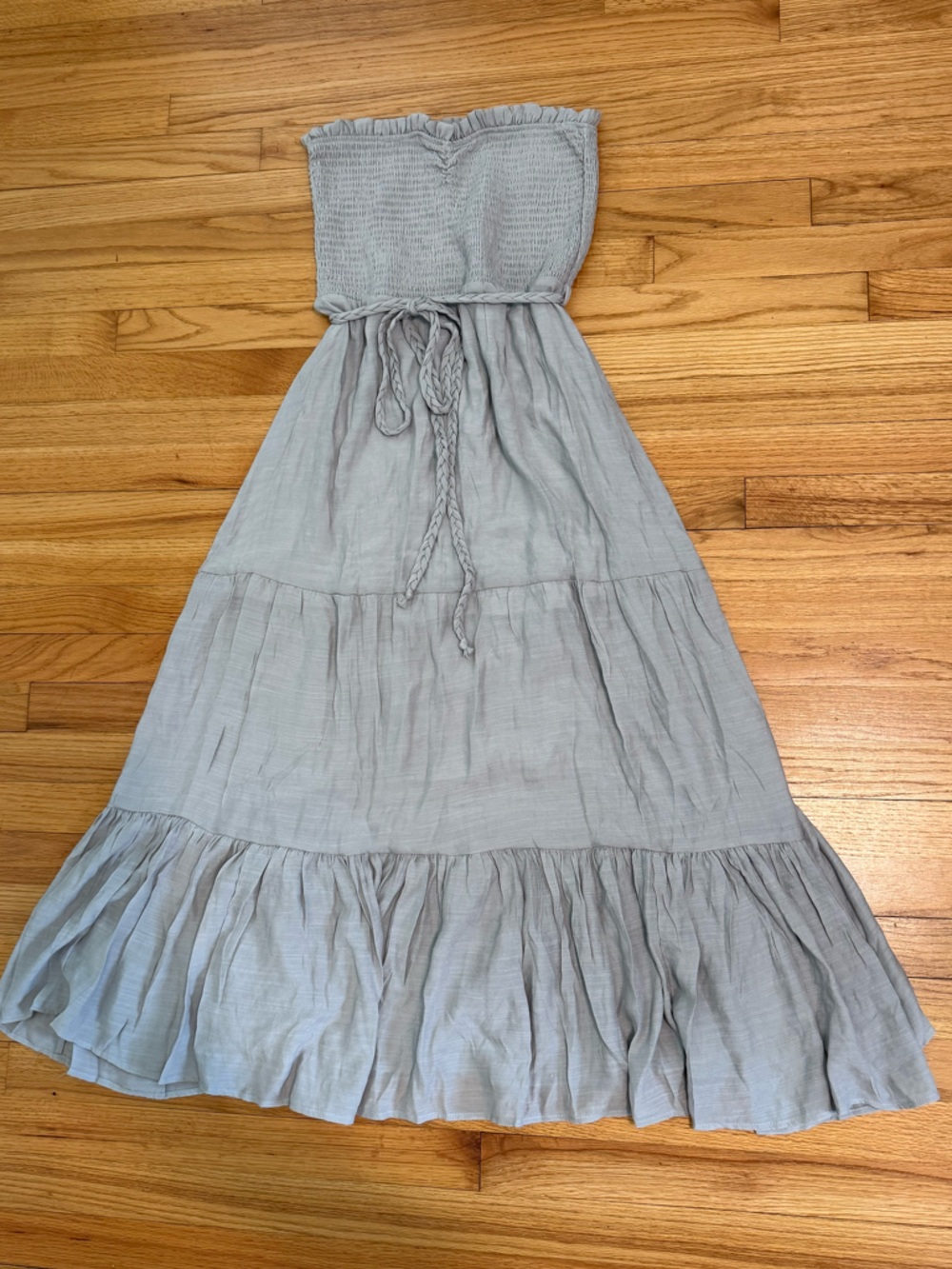 Smocked Bodice Tiered Maxi Dress M Gray Cottagecore Boho Flowy Summer Sundress